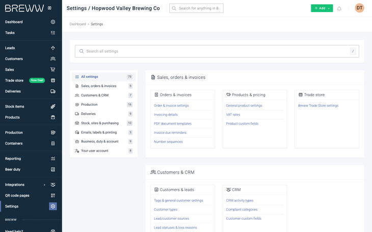 The settings page, with the search box at the top, the list of settings areas on the left and the Sales, orders & invoices area on the right