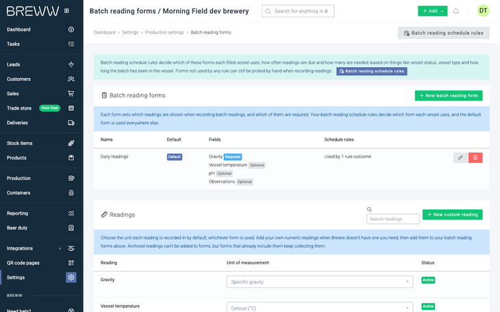 The Batch reading forms settings page, showing the forms table and the Readings card below it