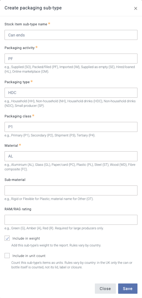 The Create packaging sub-type form for a Can ends sub-type, with Include in weight enabled and Include in unit count disabled