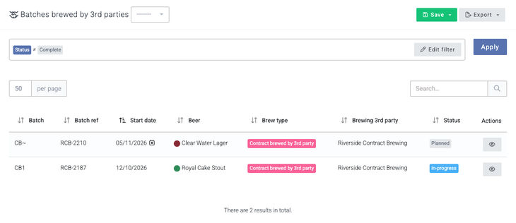 The Batches brewed by 3rd parties list, showing a planned batch and an in-progress batch from a contract brewer