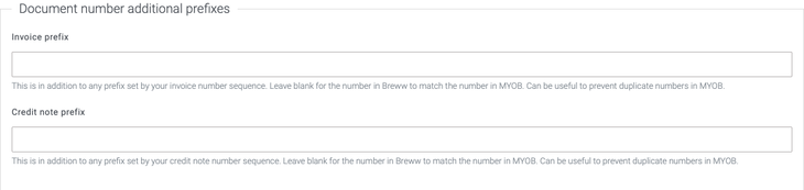 The invoice and credit note prefix fields in the MYOB integration settings