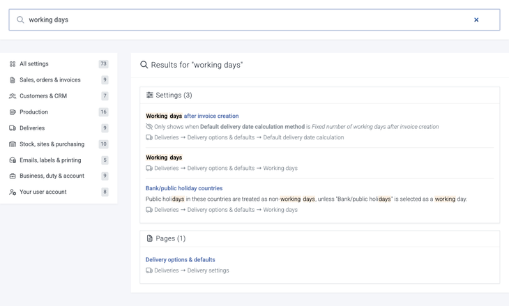 Search results for "working days", showing three matching settings and one matching page