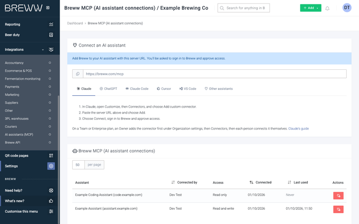 The AI assistants (MCP) item in the Integrations menu, with the Breww MCP page open