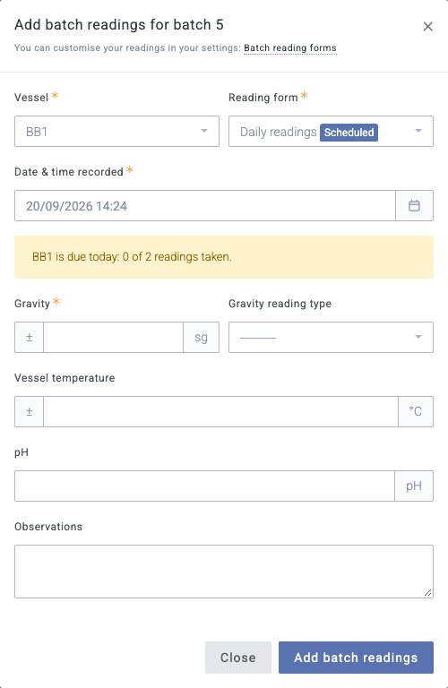 The add batch readings form, with Vessel and Reading form pickers and a note that the vessel is due today