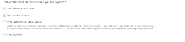 Choosing which transaction types to sync when setting up the MYOB integration