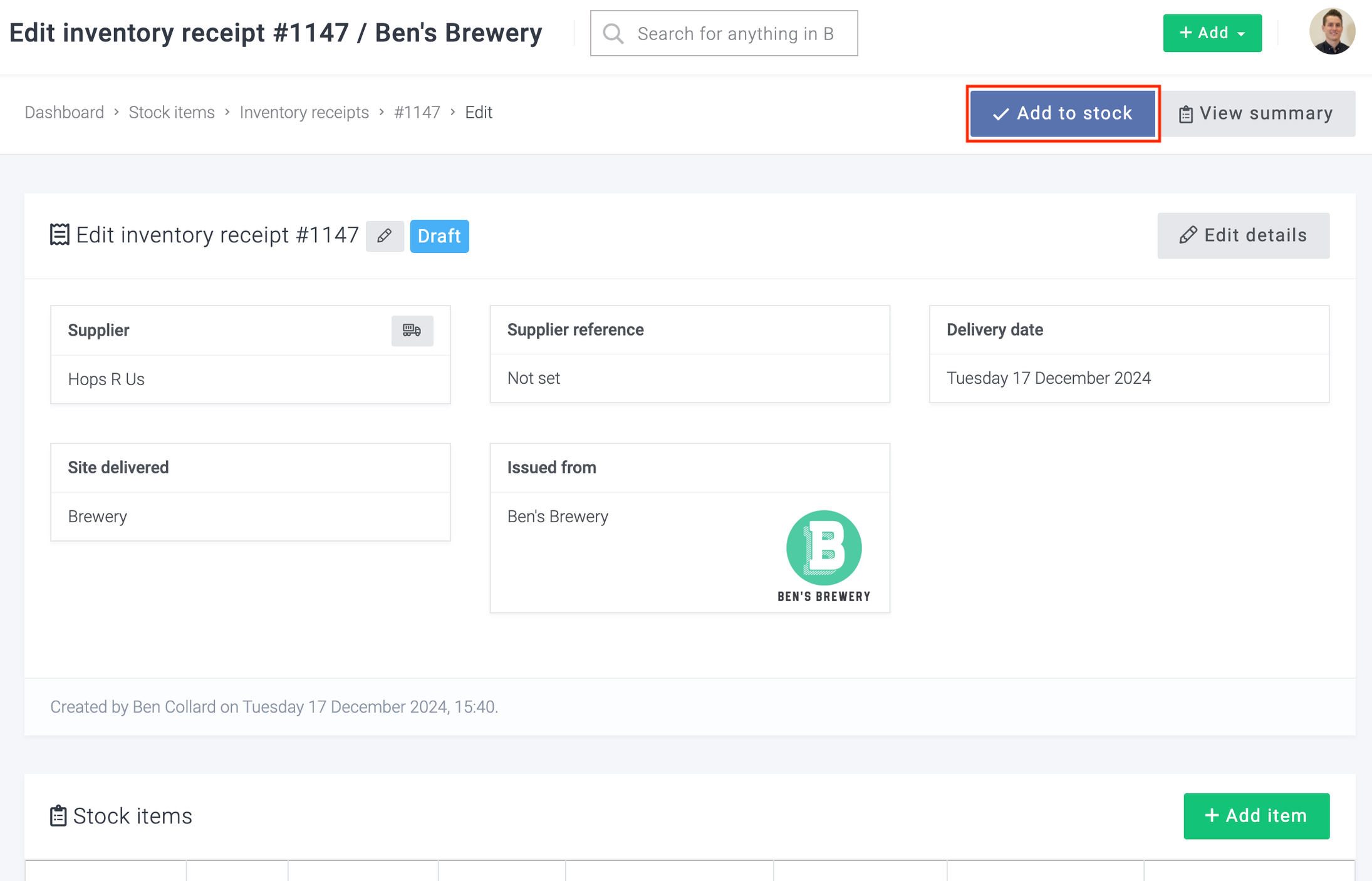 Breww Inventory receipts | Documentación de Breww