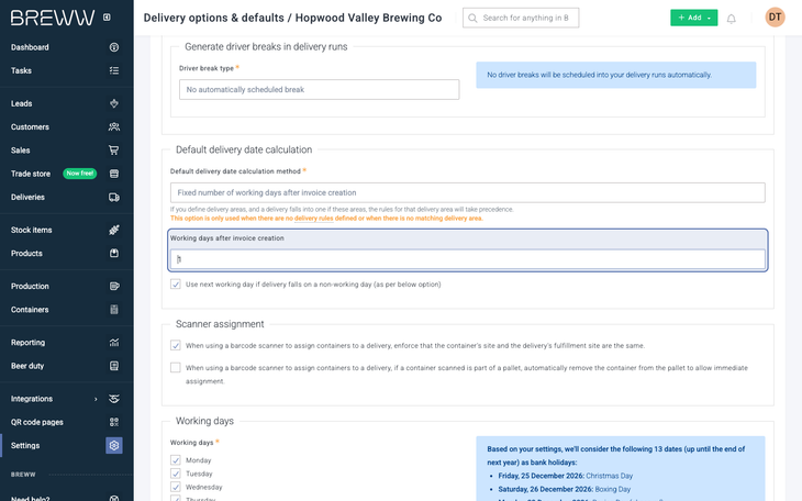 The Delivery options & defaults page, scrolled to the Working days after invoice creation setting, which is highlighted