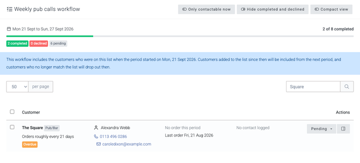 Searching a customer list workflow for a customer by name