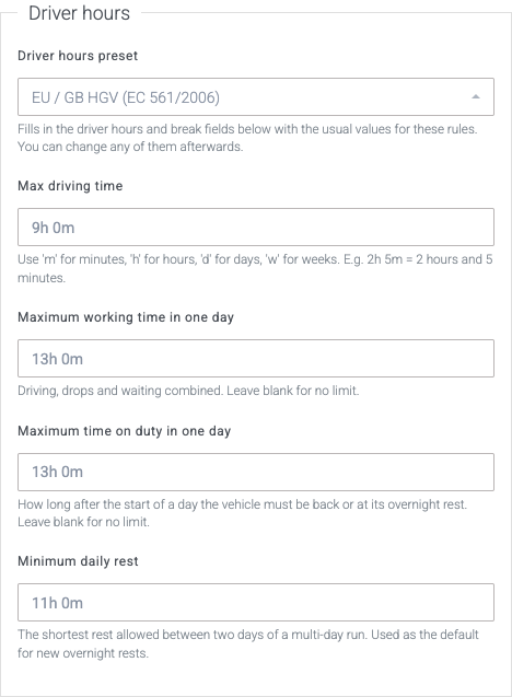 The Driver hours section of a vehicle profile with a preset selected