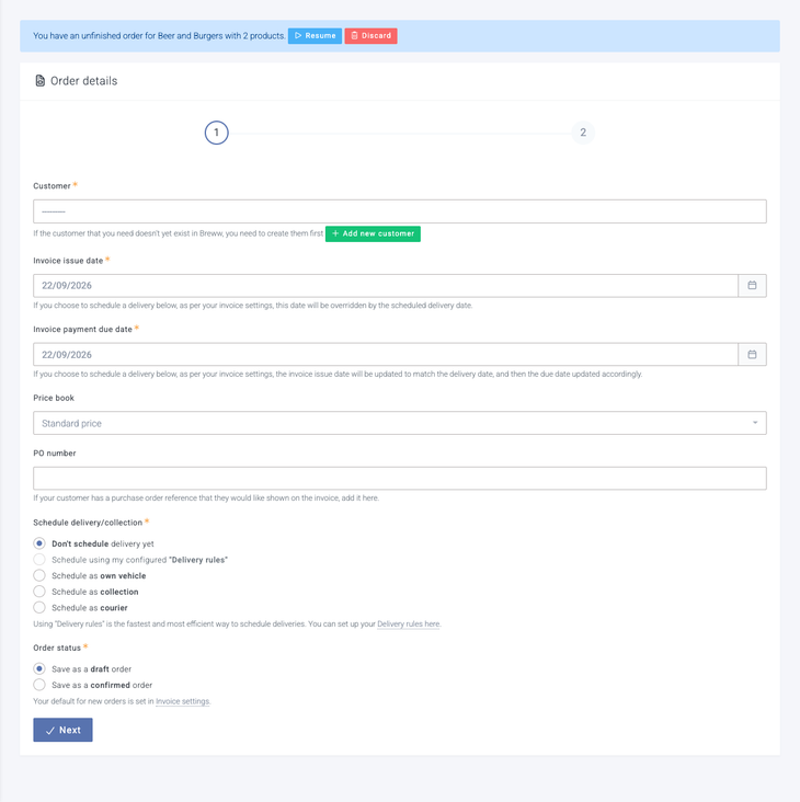 Resume or discard an unfinished order