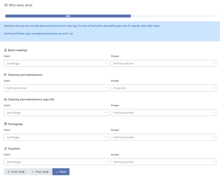 The Who does what step of the production tasks setup, with users and groups chosen for each kind of work