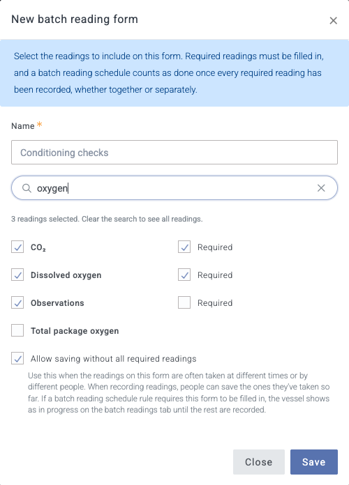 The batch reading form editor, with CO₂ and Dissolved oxygen marked Required and Allow saving without all required readings enabled