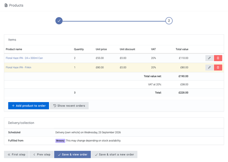 Step 2 of the new order wizard: products, totals and the delivery summary