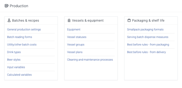 The Production area of the settings page, showing the Batches & recipes, Vessels & equipment and Packaging & shelf life groups