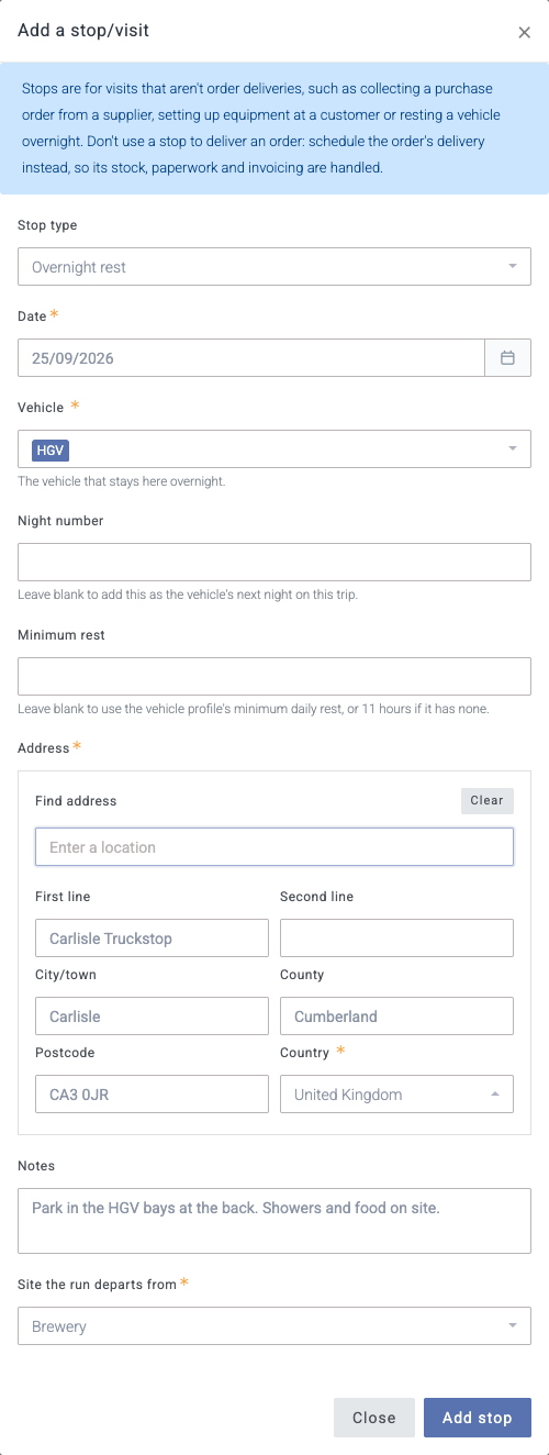 The Add a stop/visit form with the Stop type set to Overnight rest