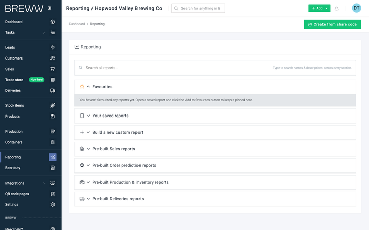 The reporting dashboard, with the Search all reports box, Favourites, Your saved reports, Build a new custom report and the pre-built report sections