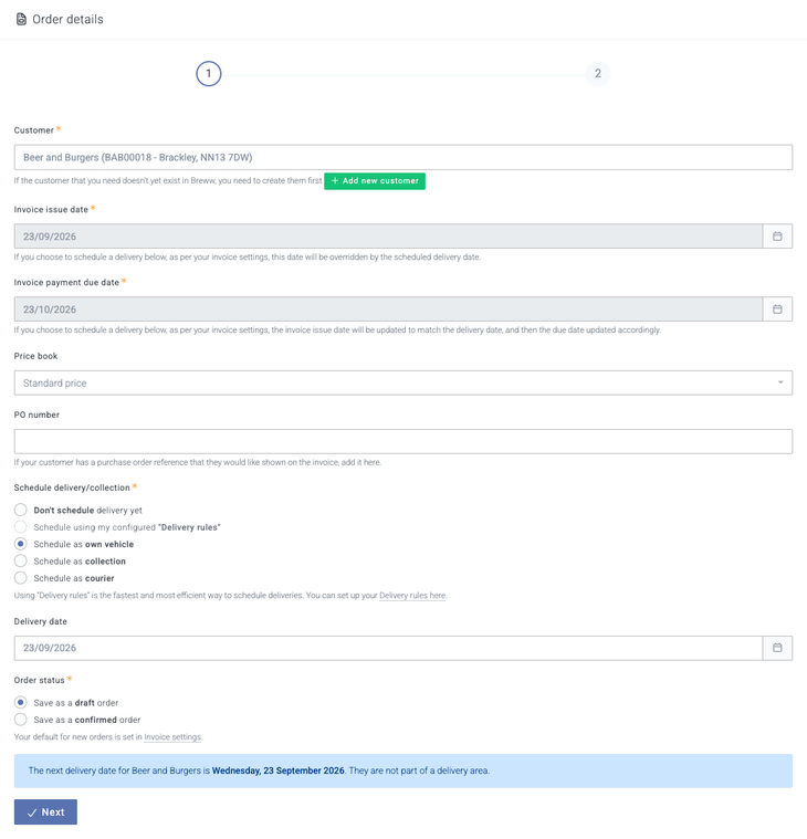Step 1 of the new order wizard: order details