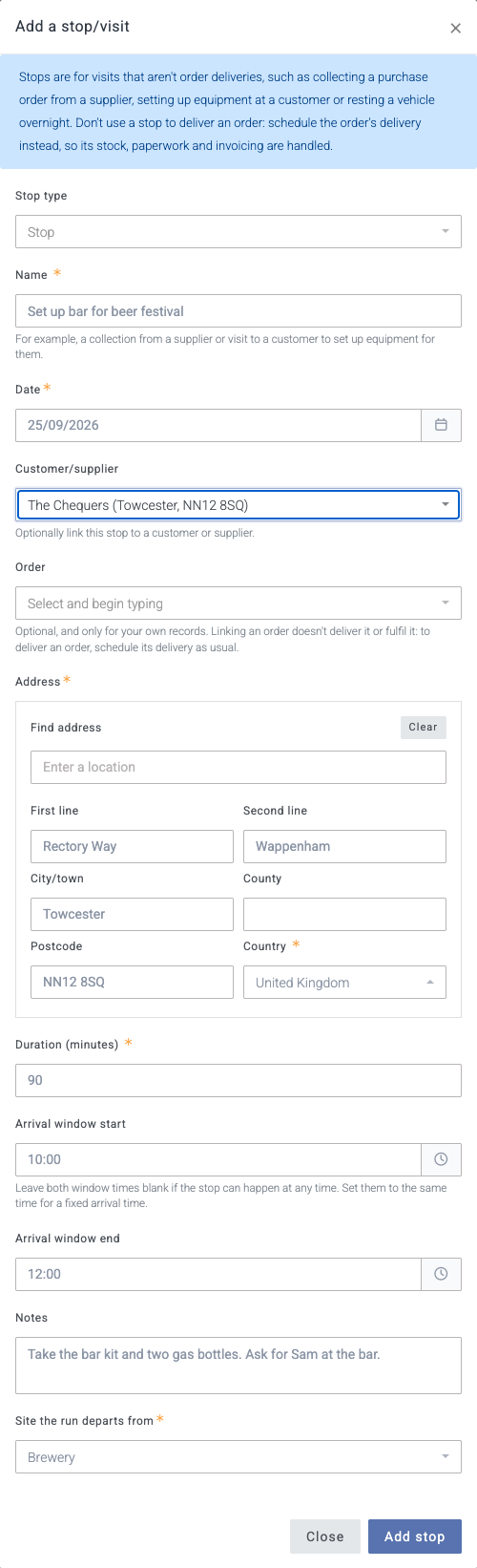 The Add a stop/visit form with the Stop type set to Stop