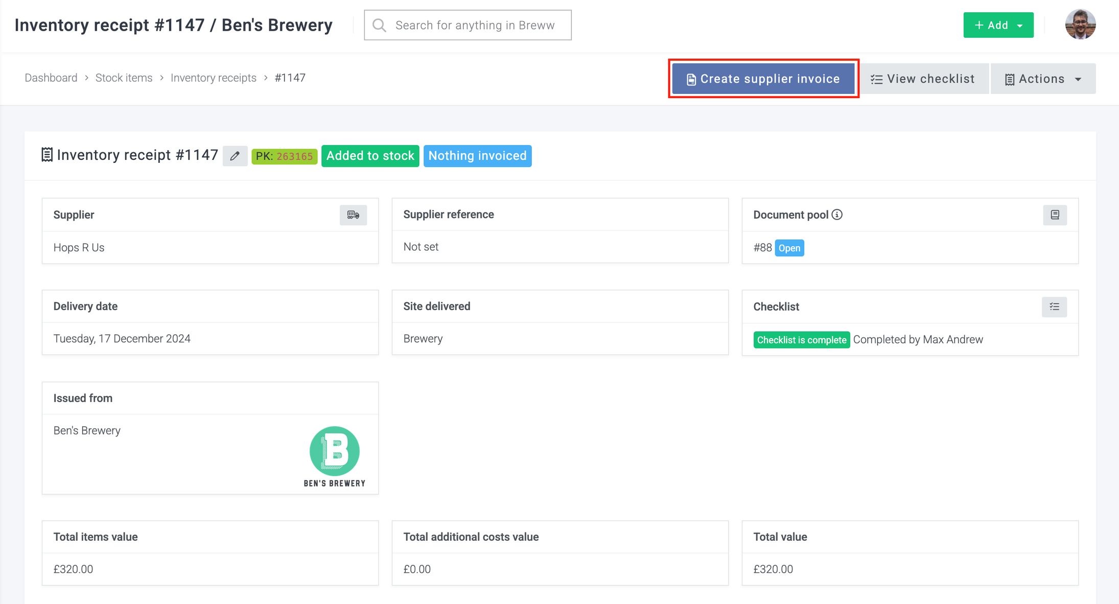 Breww Inventory receipts | Documentación de Breww