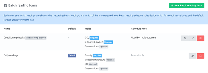 The batch reading forms table, with the Conditioning checks form badged Partial saving allowed