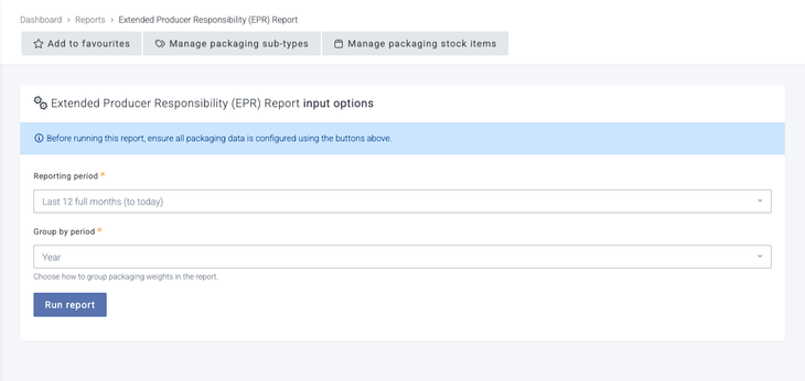 The EPR report page, with the Manage packaging sub-types and Manage packaging stock items buttons above the Reporting period and Group by period options