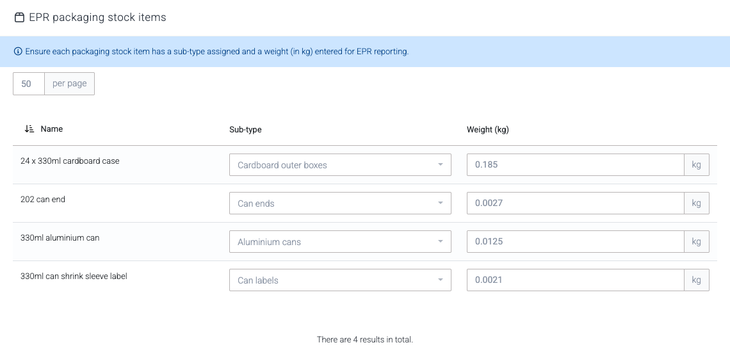 The EPR packaging stock items table, with a Sub-type dropdown and a Weight (kg) field for each packaging stock item