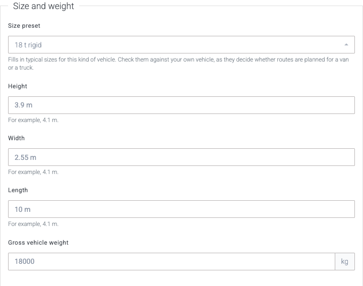 The Size and weight section of a vehicle with a size preset selected