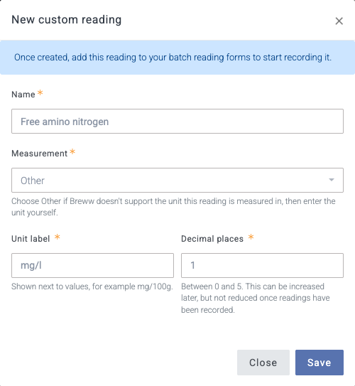 The New custom reading form, with Name, Measurement, Unit label and Decimal places fields