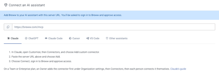 The Connect an AI assistant card, showing the server URL and a tab for each assistant
