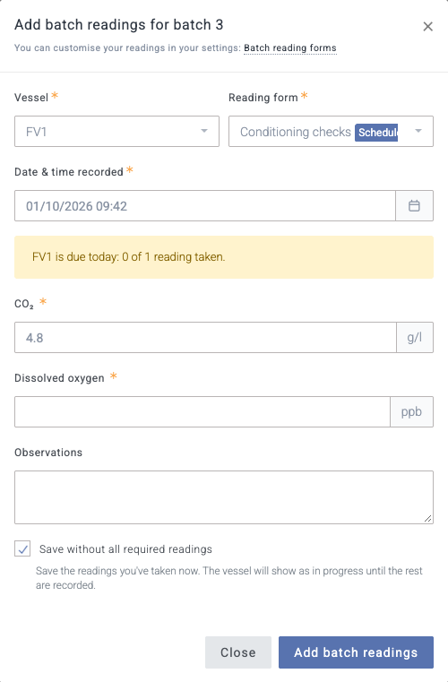 The add batch readings form with only CO₂ entered and Save without all required readings selected