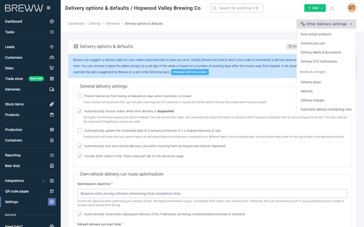 The Other delivery settings menu open on the Delivery options & defaults page, listing the other delivery settings pages
