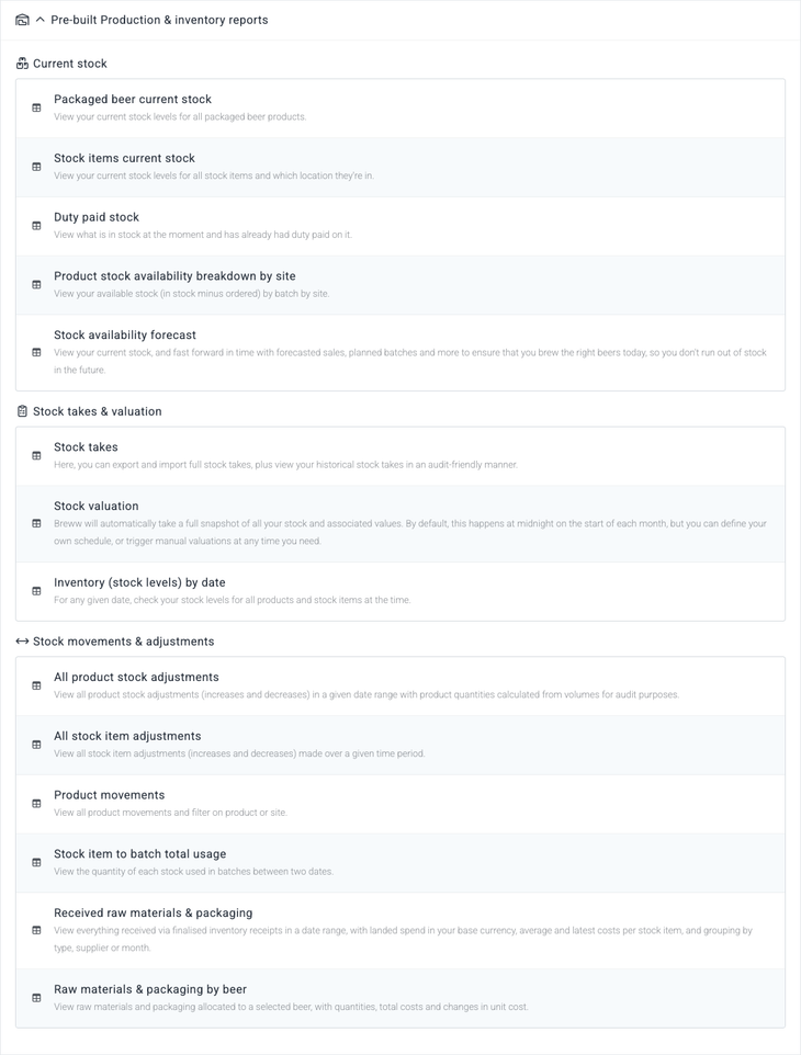 The Pre-built Production & inventory reports section expanded, showing reports grouped into subgroups such as Current stock, Stock takes & valuation and Stock movements & adjustments